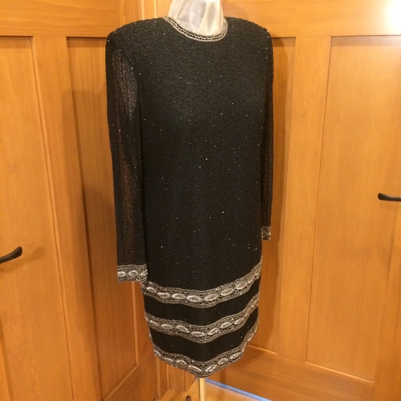 VTG Black Silk Beaded Sheath Dress XL Great Cond - Picture 8 of 15